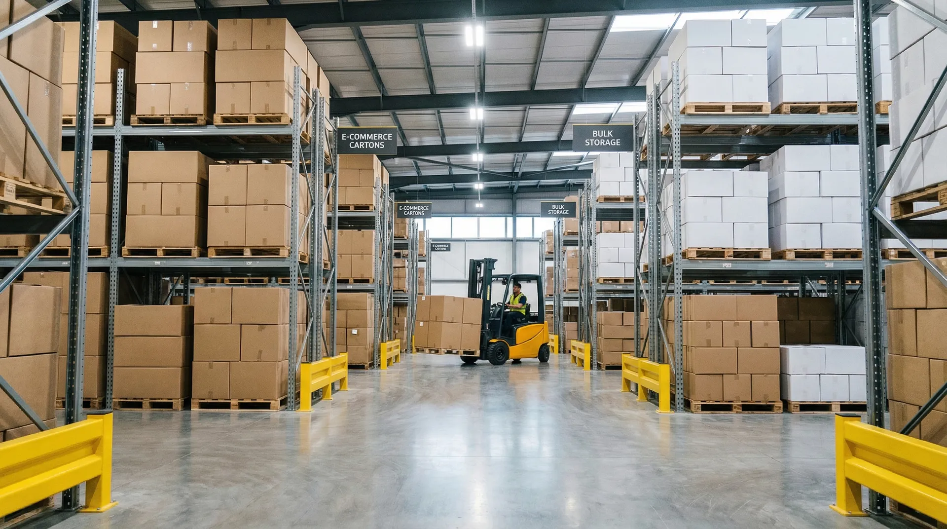 Organized warehouse with packaging supplies ready for distribution
